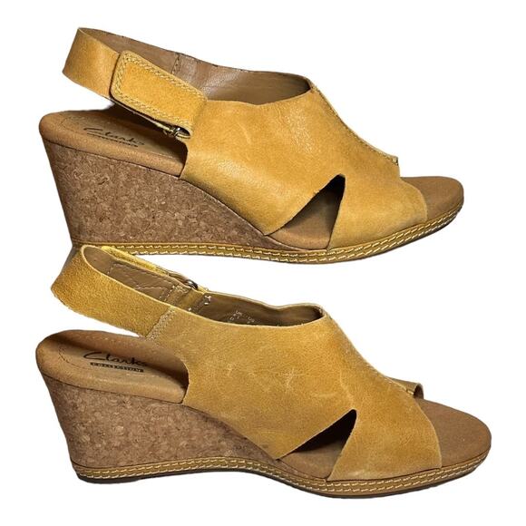 Clarks Helio Float Yellow Nubuck Leather Wedge Sandals w/ Adjustable Strap - Picture 3 of 8